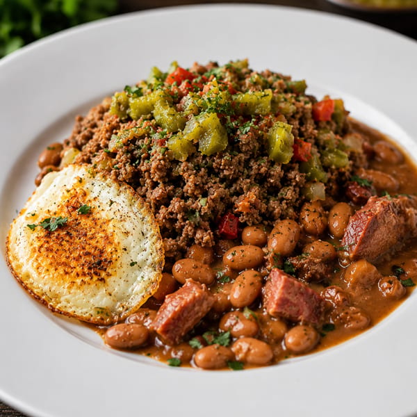 Hearty chili with ground beef, beans, sausage, green chiles, and a fried egg on a white plate.