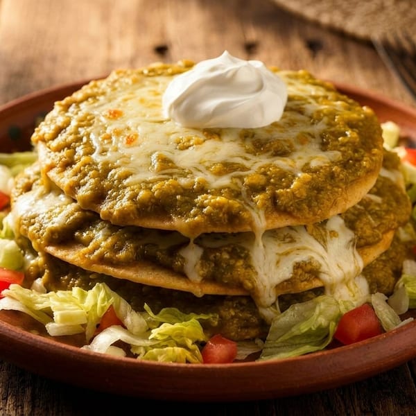 Stacked green chile enchiladas with melted cheese, sour cream, lettuce, and tomatoes on a rustic plate.
