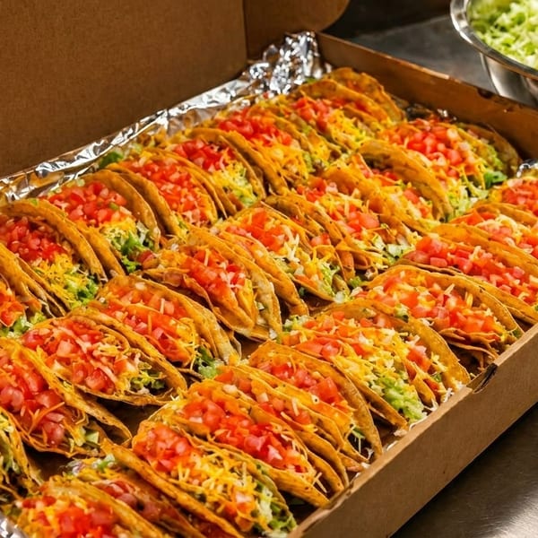 A catering box filled with rows of crispy tacos topped with lettuce, cheese, and diced tomatoes.