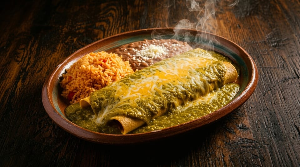 Steaming green enchiladas covered in melted cheese, with rice and refried beans on a rustic plate.